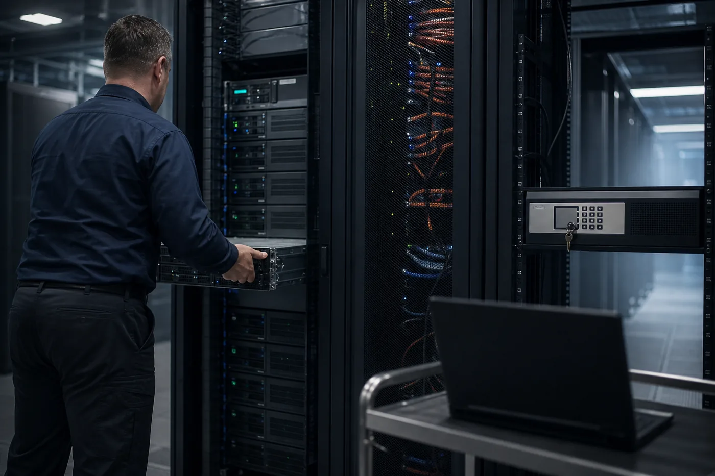Technician sliding a blade server into a rack beside a hardware security module