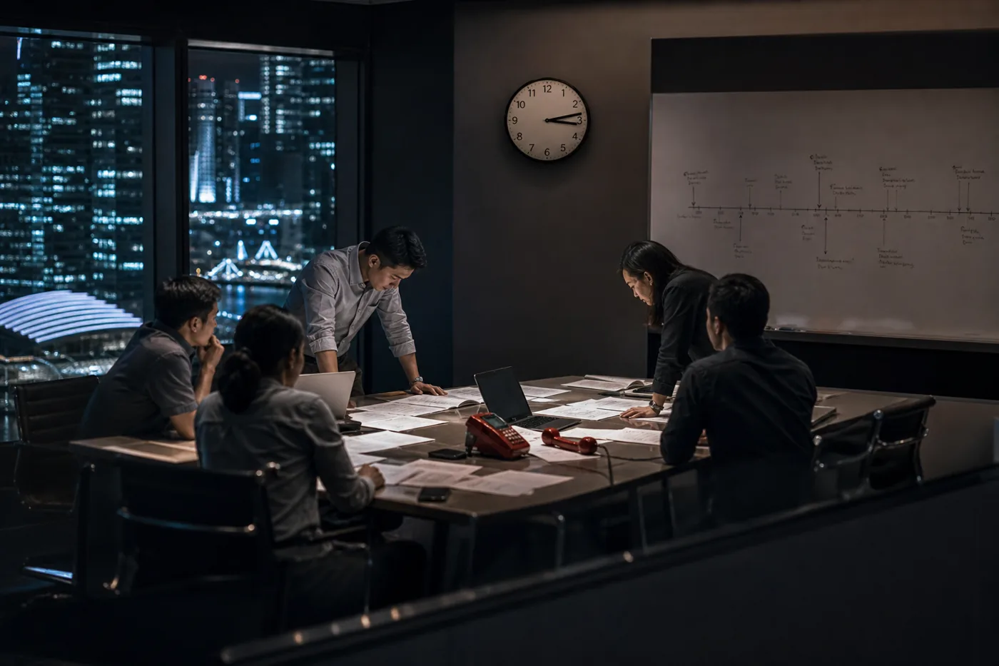 Incident war room at night with wall clock, runbooks and hand-drawn timeline