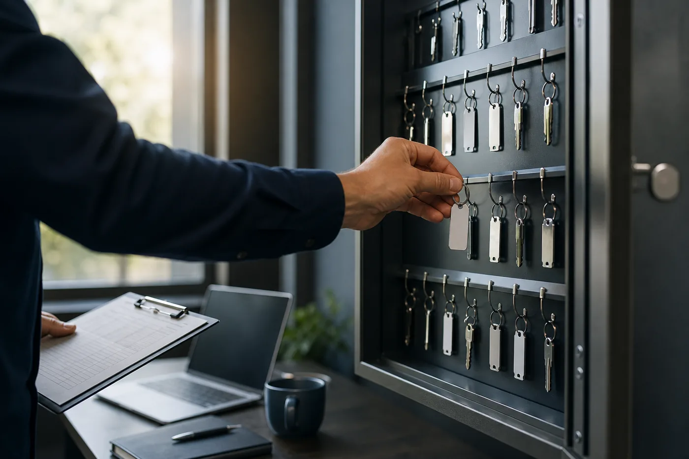 Facilities manager hanging a tagged key in a steel key cabinet