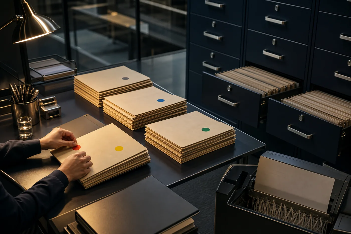 Clerk applying colored labels to folders sorted into locked steel drawers
