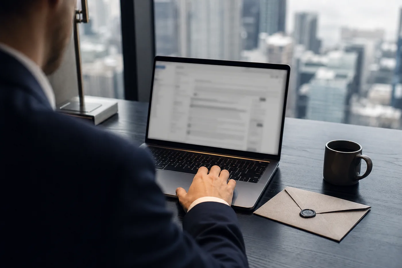 Employee pausing over a blurred mail client on a laptop