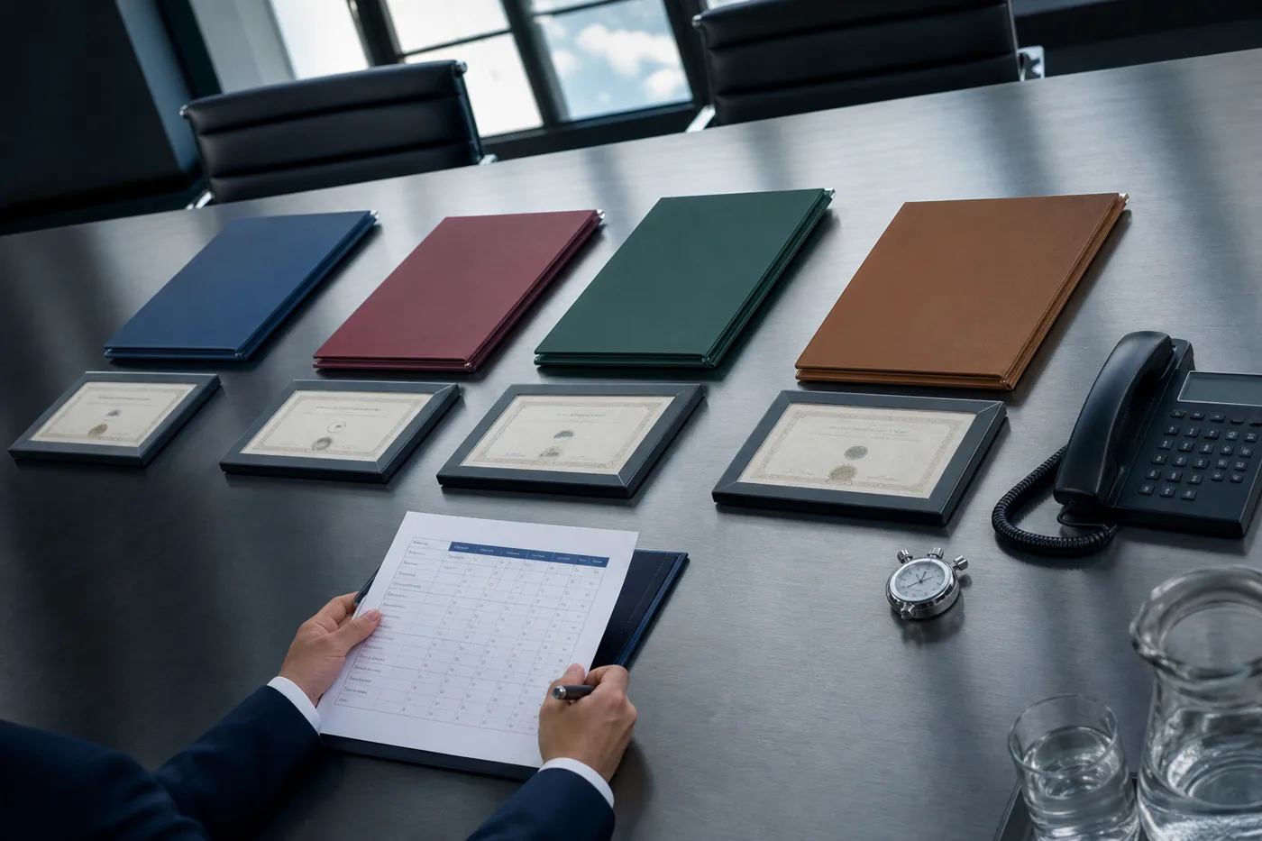 Four vendor proposal folders with certificates on a procurement review table
