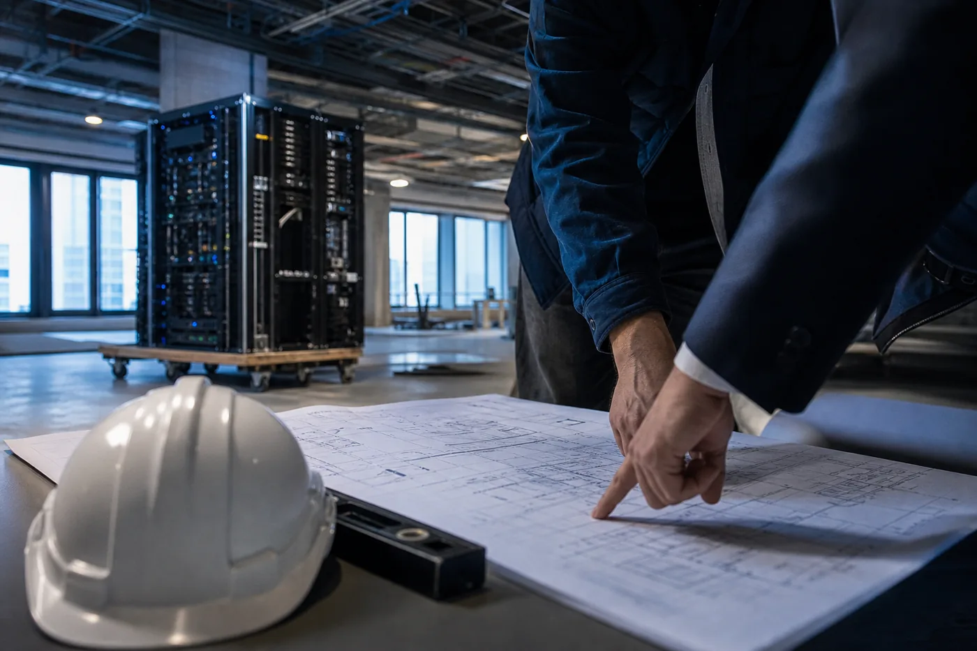 Blueprint held open by a hard hat in an unfinished office