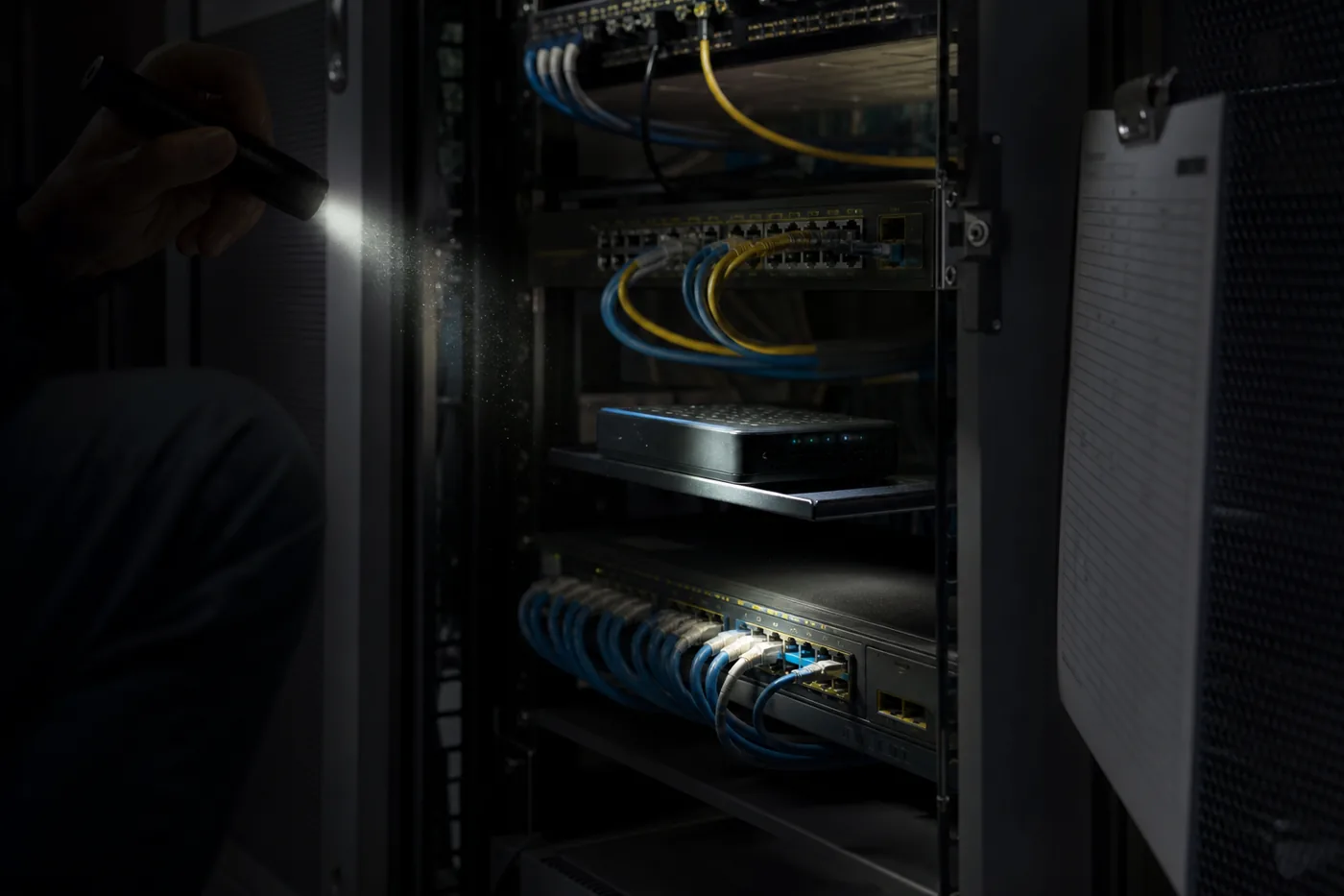 Flashlight revealing an unlabeled device plugged into a network closet switch