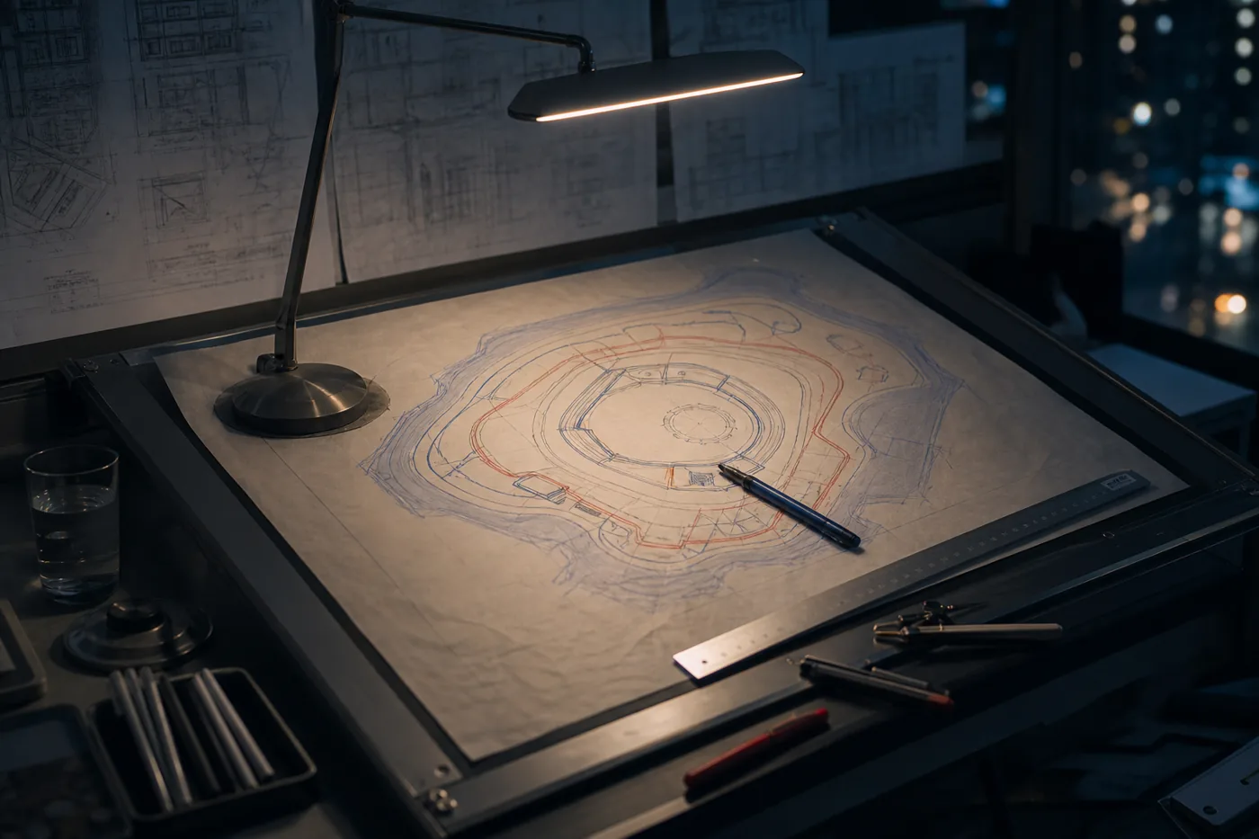 Hand-drawn diagram of nested network zones on a drafting table at night