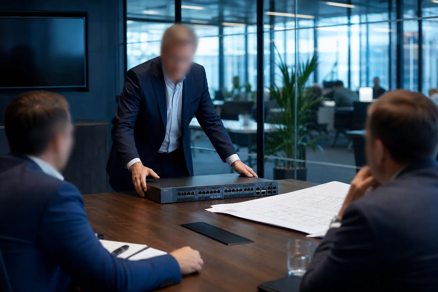 Sales engineer demonstrating a network appliance beside a client's blueprint
