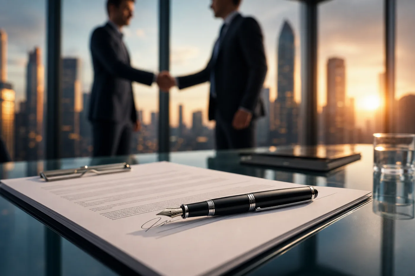 Fountain pen on a signed contract as client and vendor shake hands
