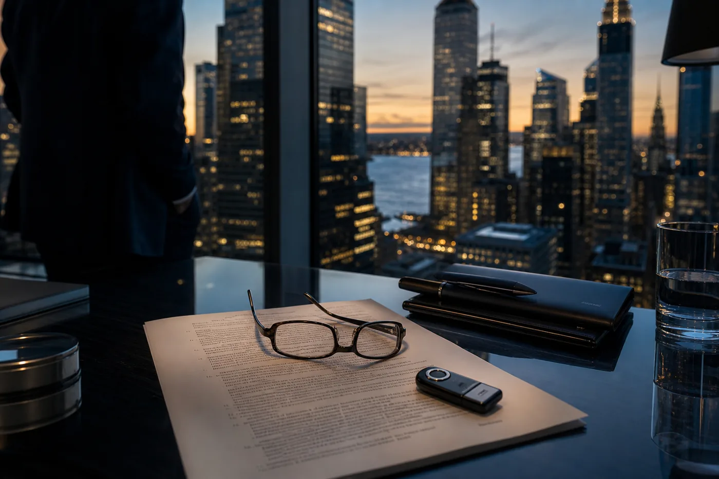 Printed regulation excerpt and hardware token overlooking Manhattan's financial district