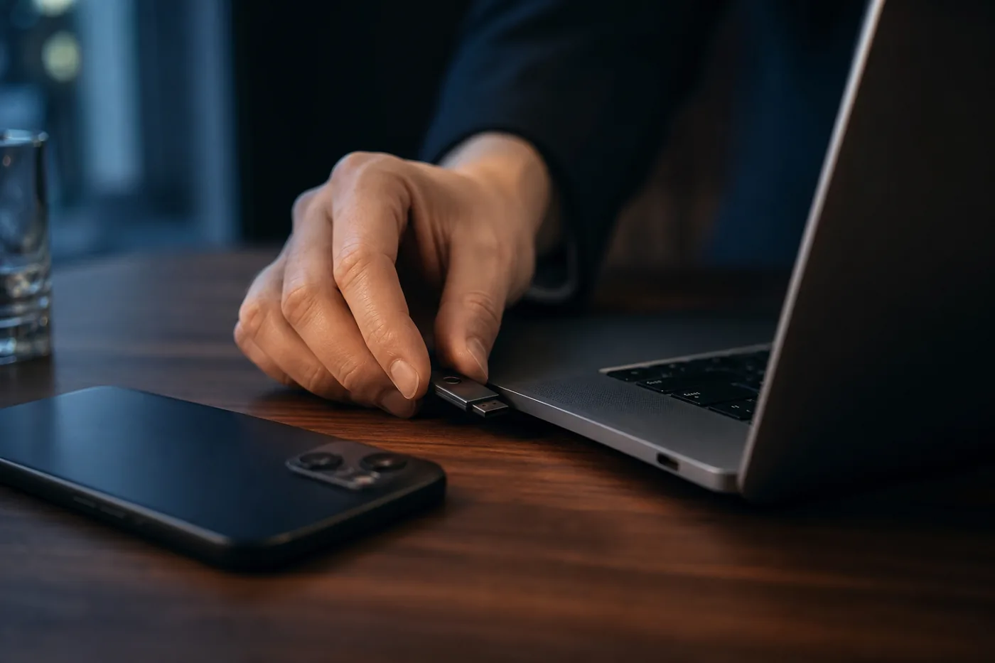 Hand inserting a hardware security key into a laptop for phishing-resistant MFA