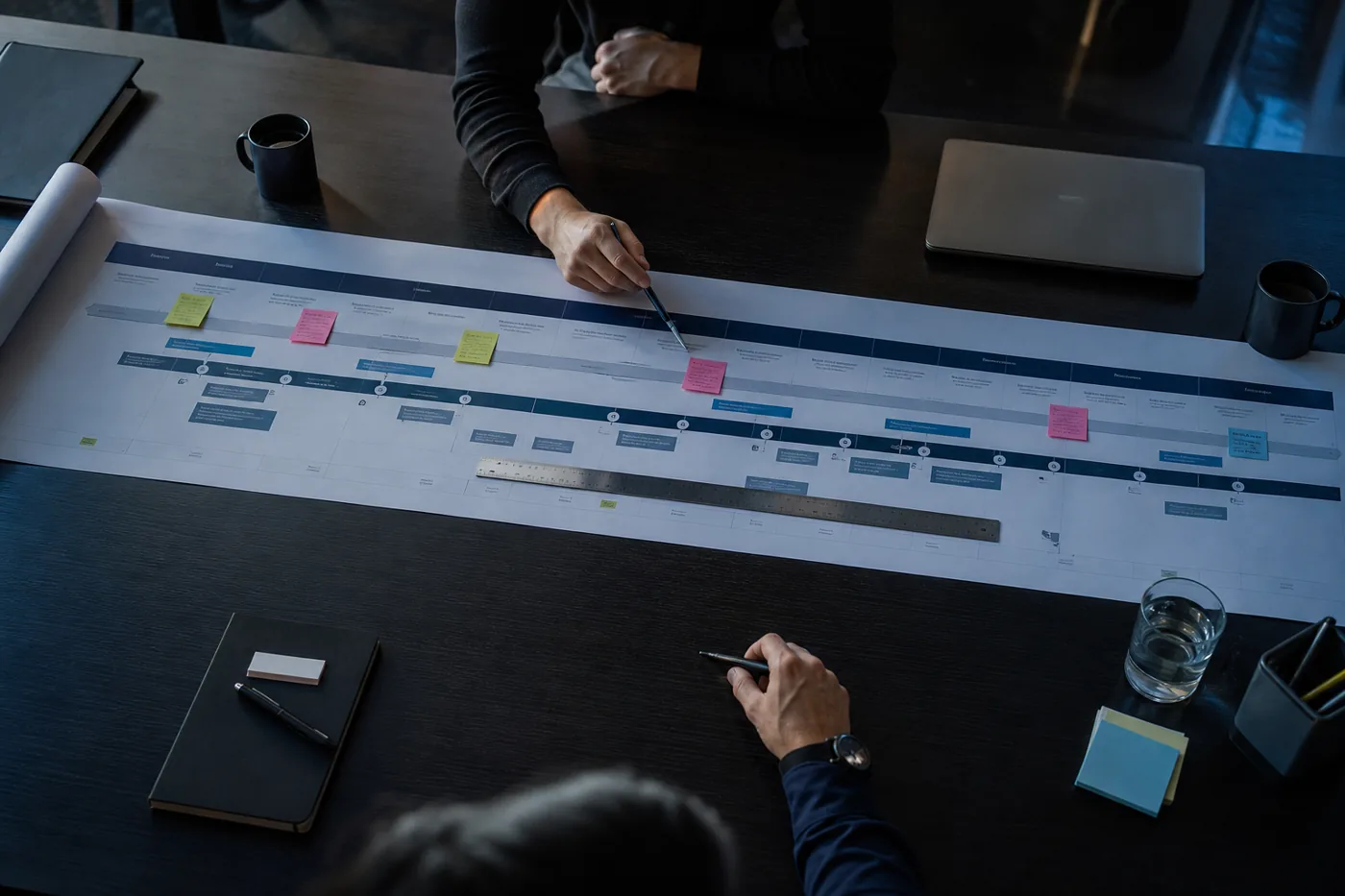 Overhead view of a phased MFA compliance roadmap laid out on a planning table