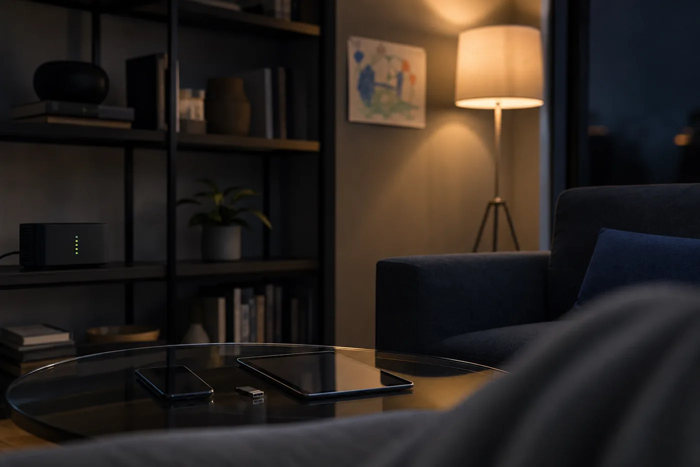 Home living room with a router, phone, tablet and security key