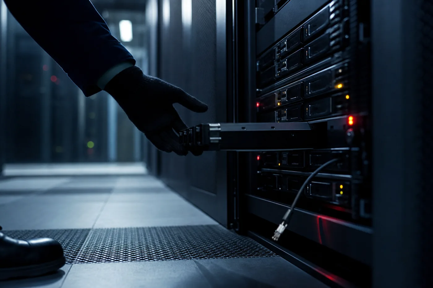 Backup storage array with pulled drive tray, backups destroyed before ransomware deployment