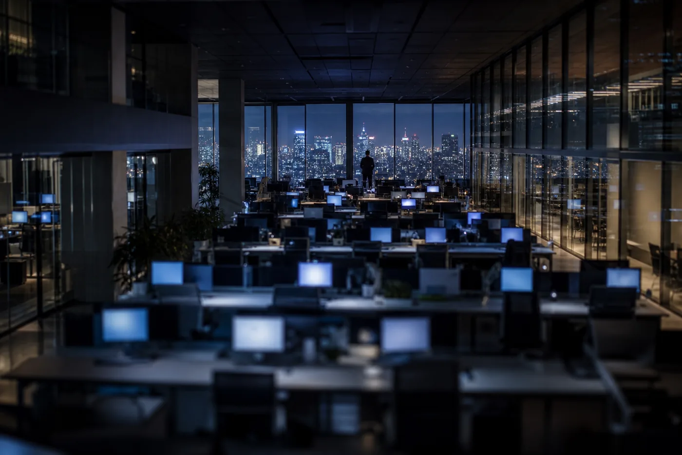 Open-plan office of glowing laptops representing sprawling SaaS application adoption