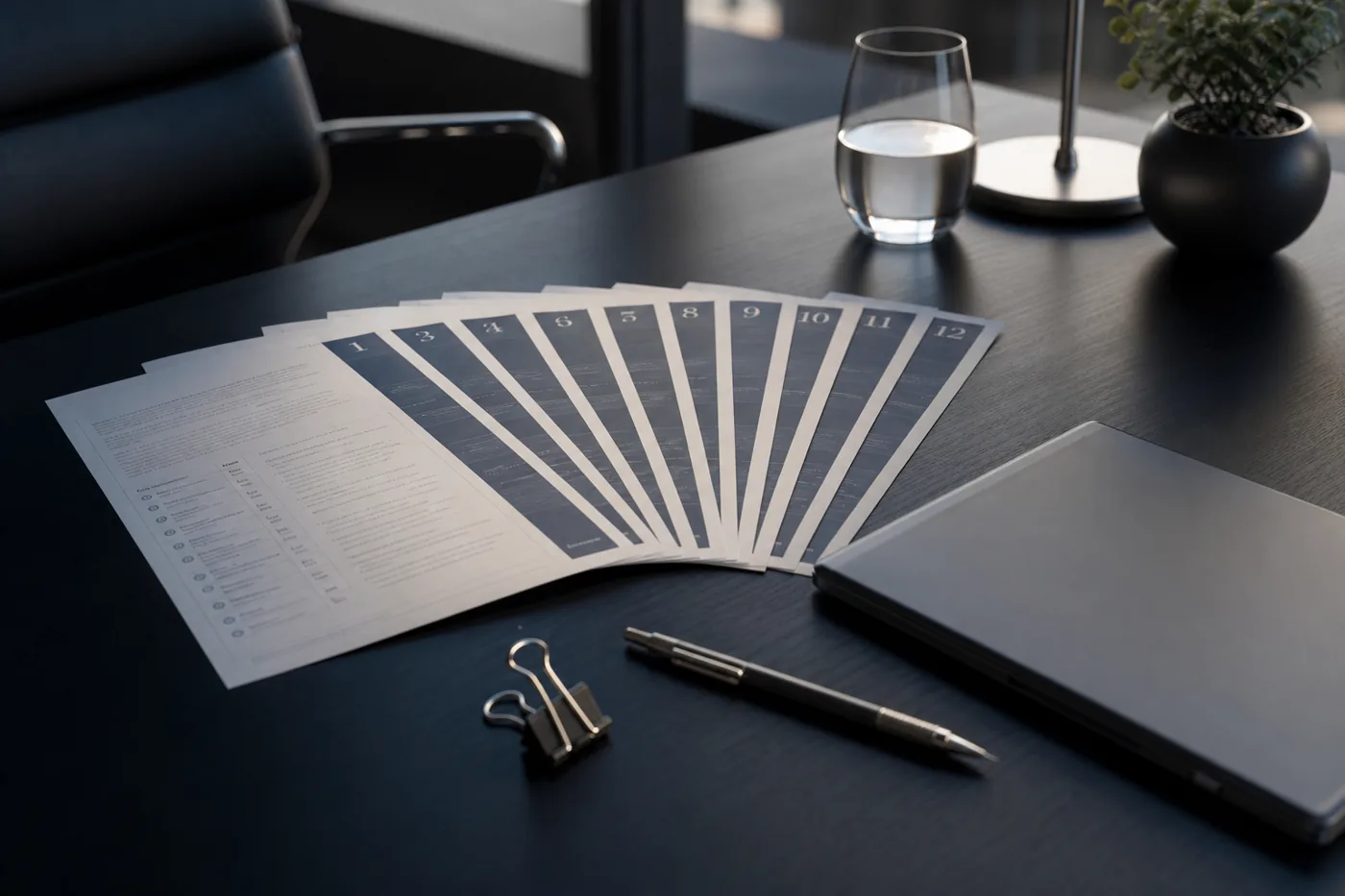 Twelve printed control sheets fanned in order on a security architect's desk