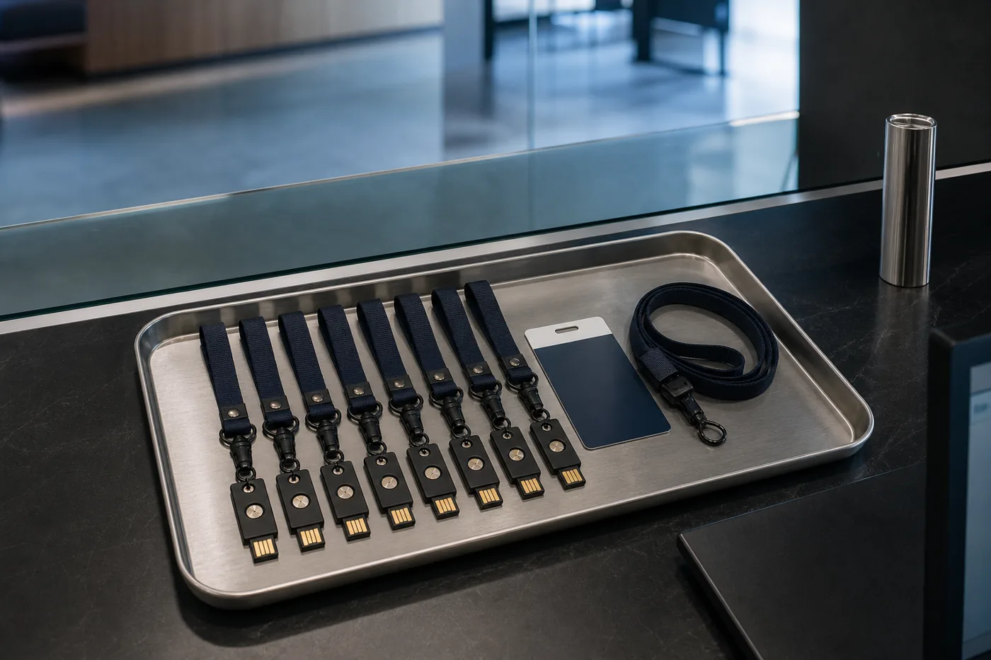 Tray of hardware security keys ready for company-wide MFA rollout
