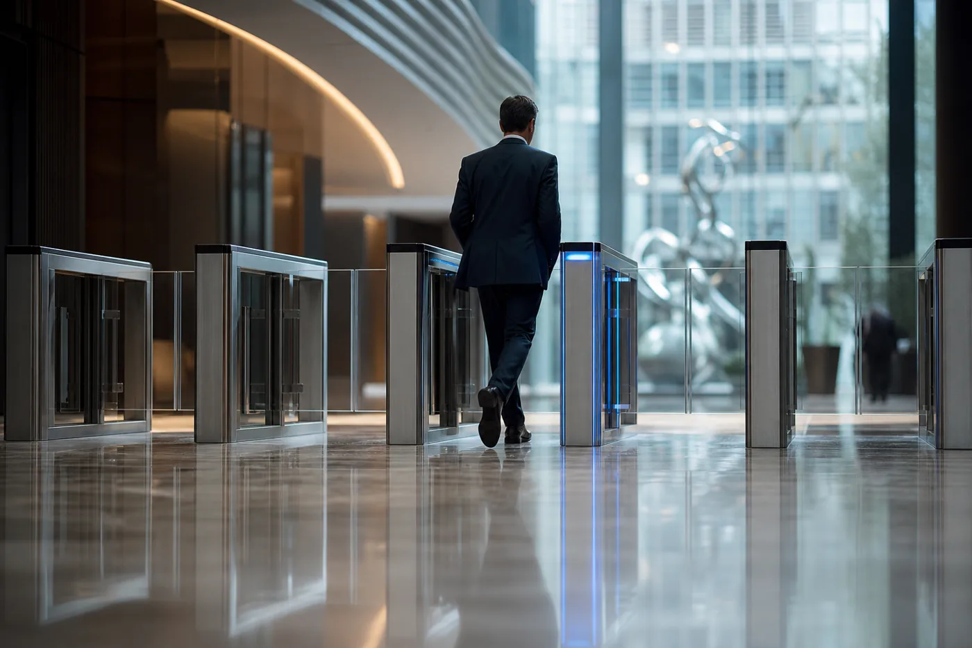 Single open turnstile in a lobby, one control point like SSO