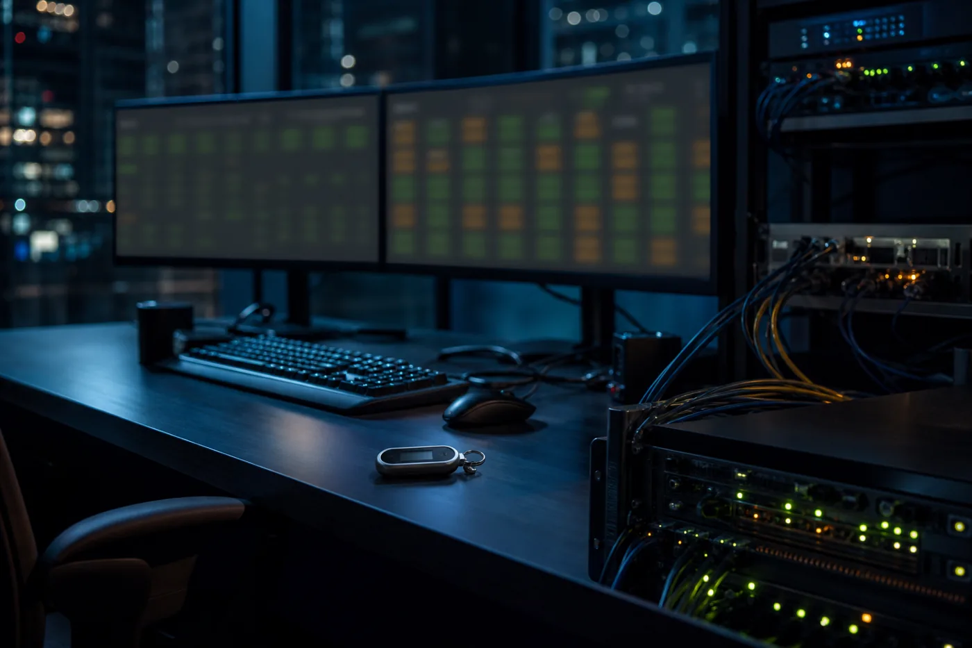 Engineer's workstation with blurred monitoring dashboards from a compliance automation platform