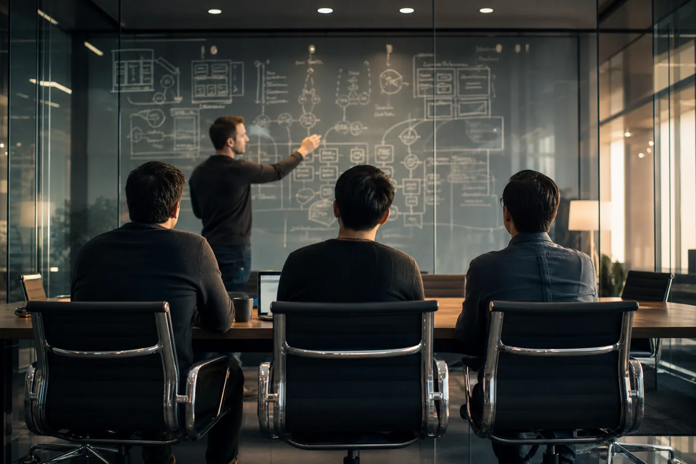 Consultant explaining control design to an engineering team at a whiteboard