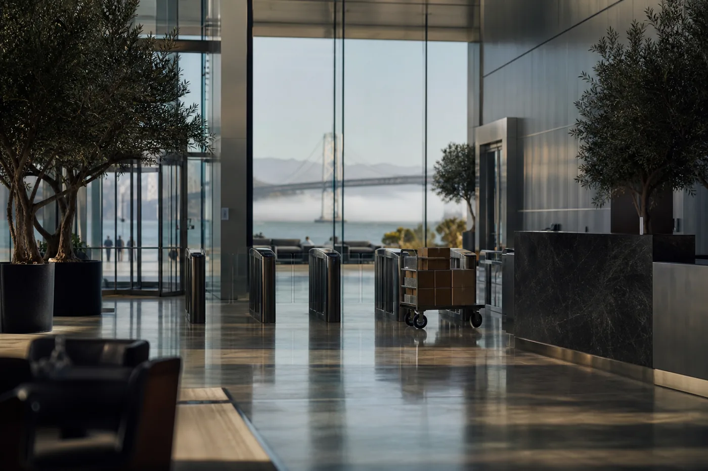 Modern office lobby with a foggy view of San Francisco Bay