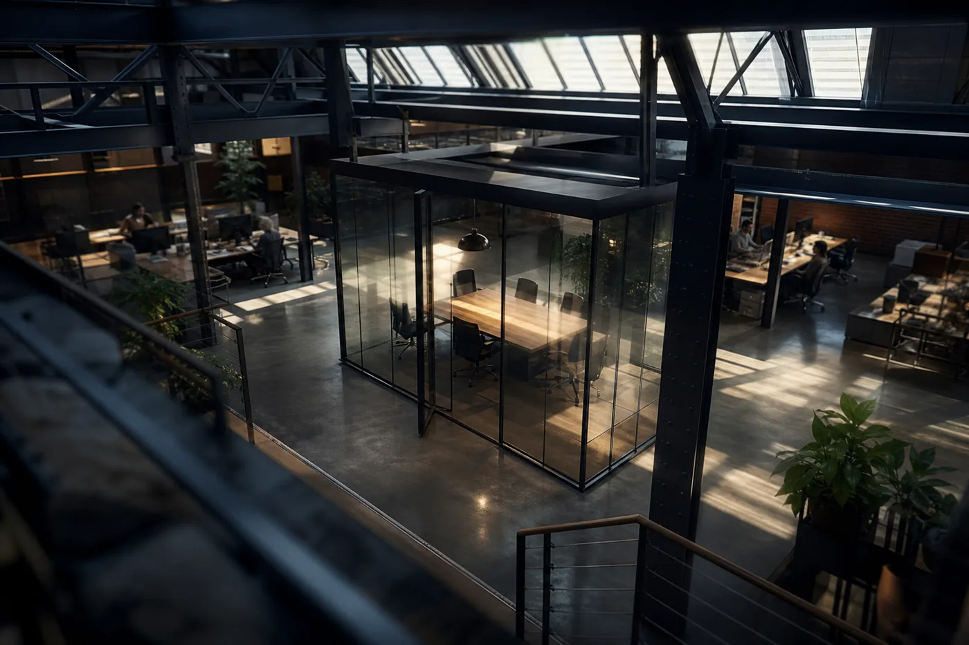 Open-plan tech office with a glass meeting pod seen from above