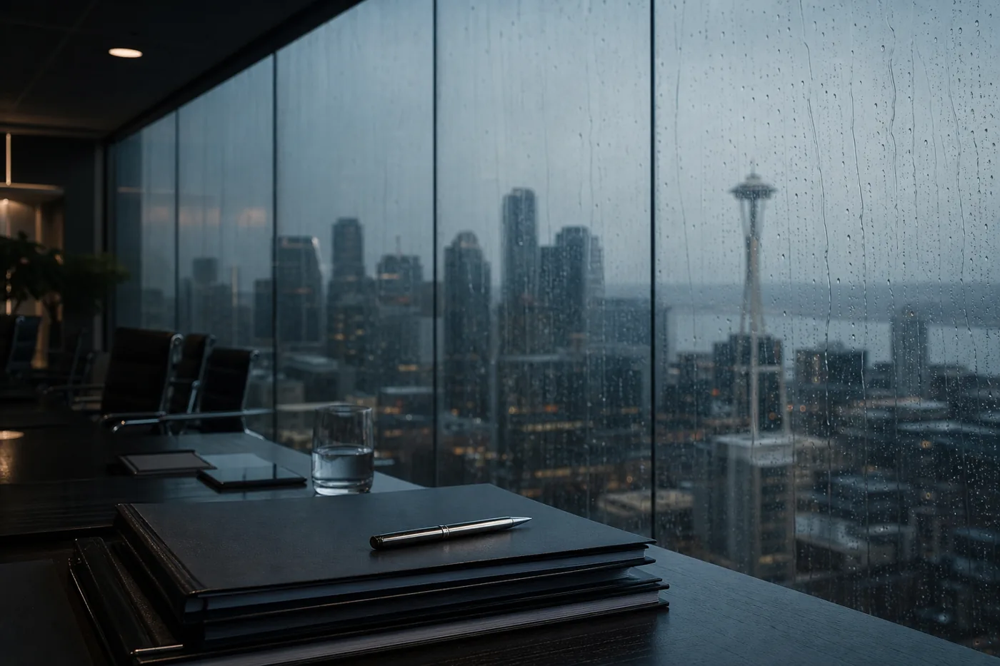 Seattle skyline in rain seen from a high-rise boardroom