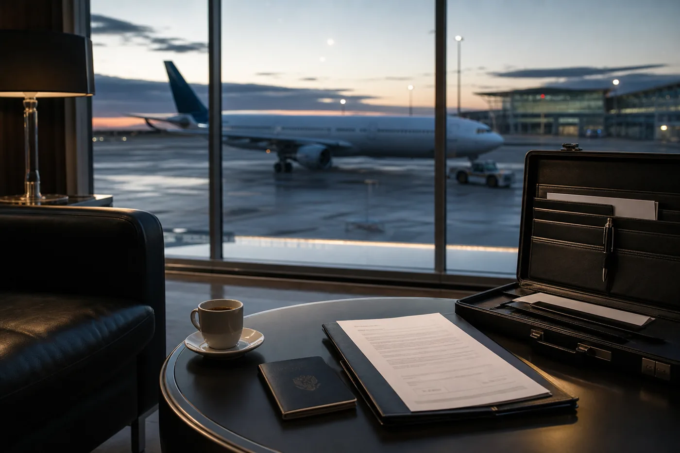 Briefcase and contract folder in an airport lounge before a transatlantic trip