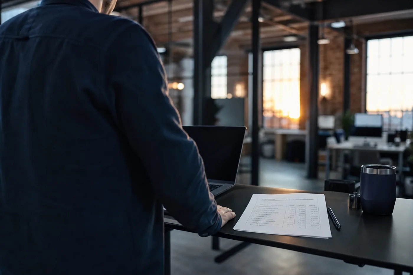 Startup founder reviewing an enterprise customer's security questionnaire in a loft office