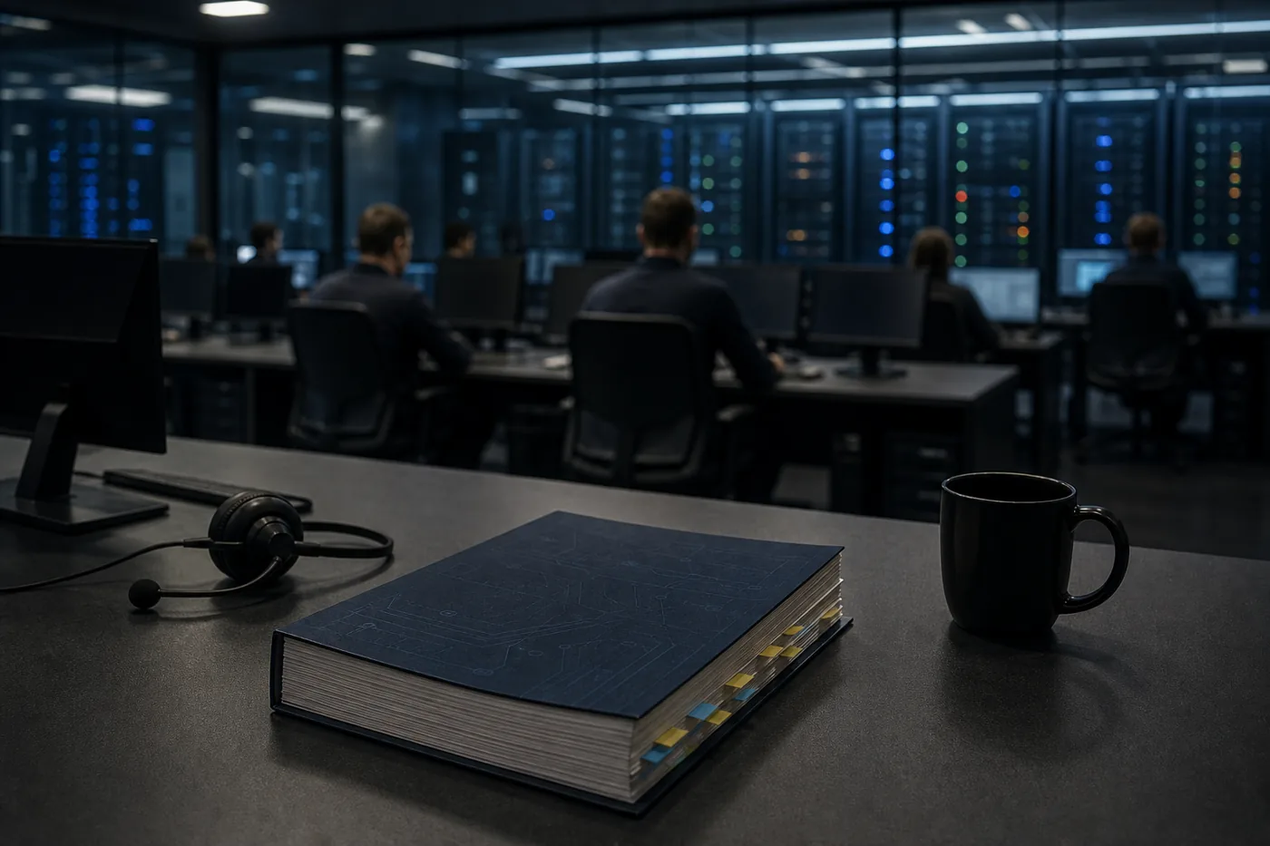 MSP operations room with equipment racks behind glass and a printed guide