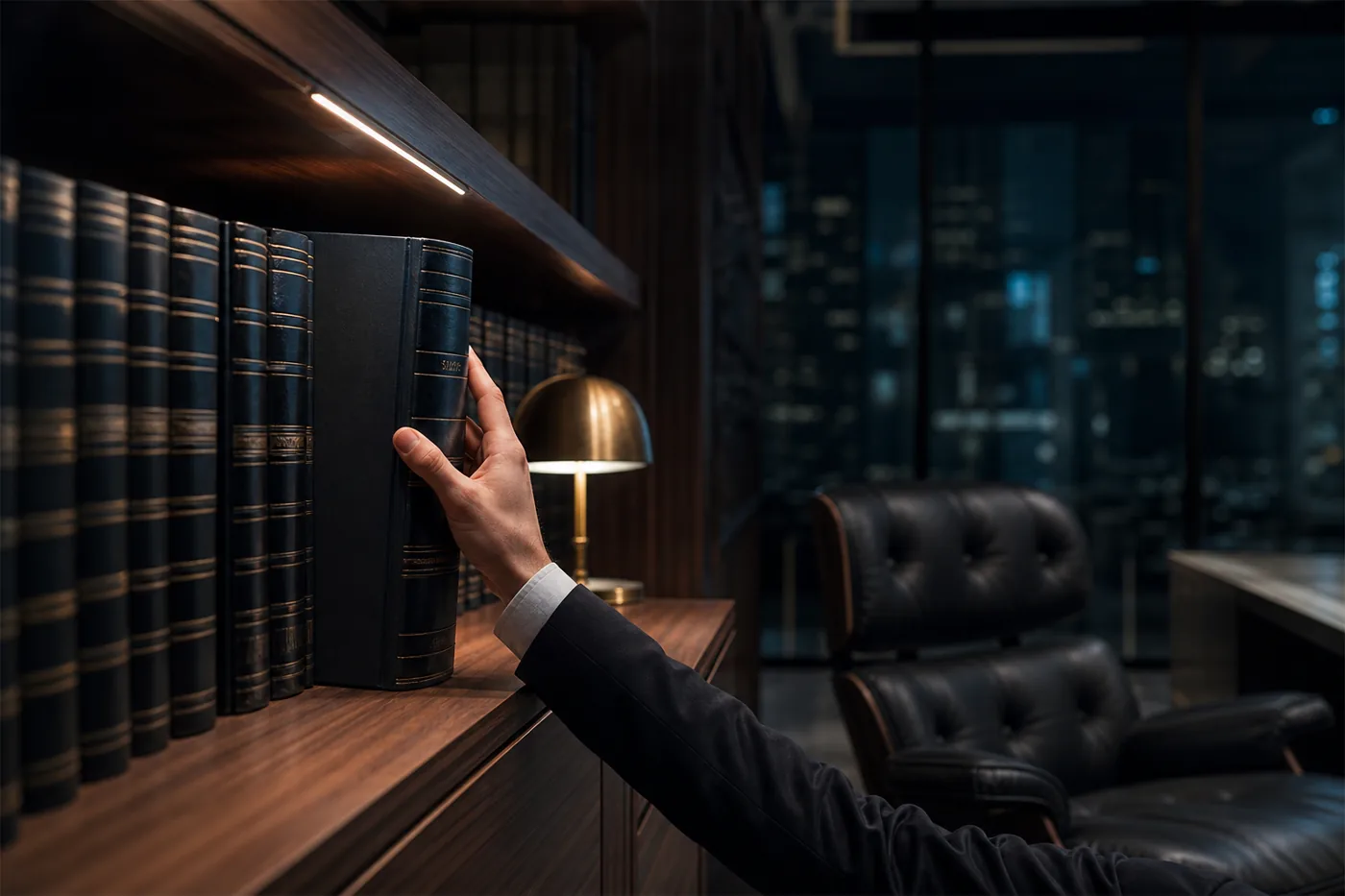 Hand pulling a regulatory volume from a shelf to assess compliance standards
