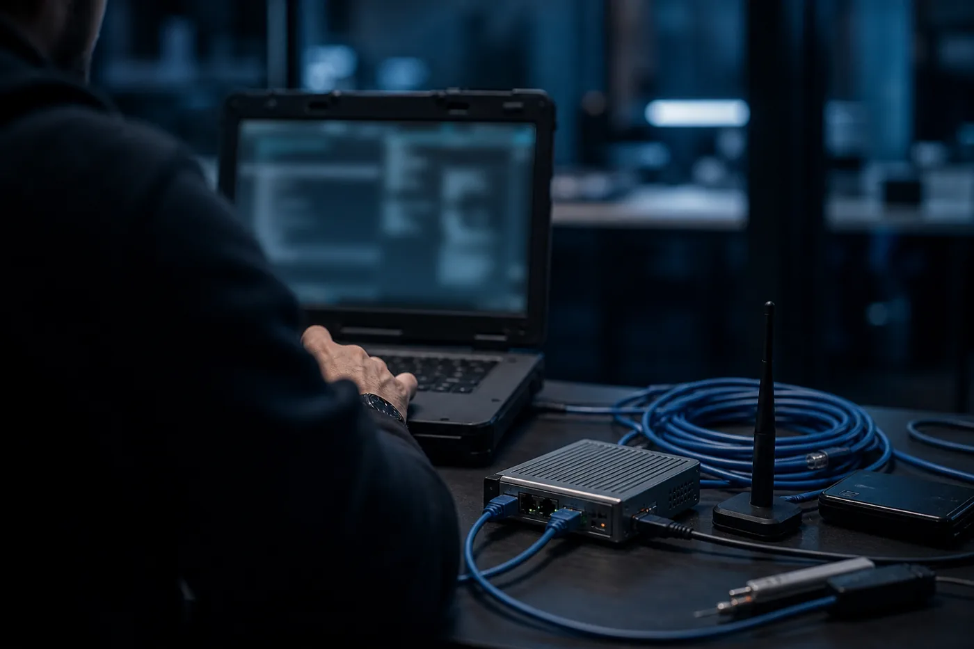 Penetration tester's workbench with laptop, network tap and cables during testing