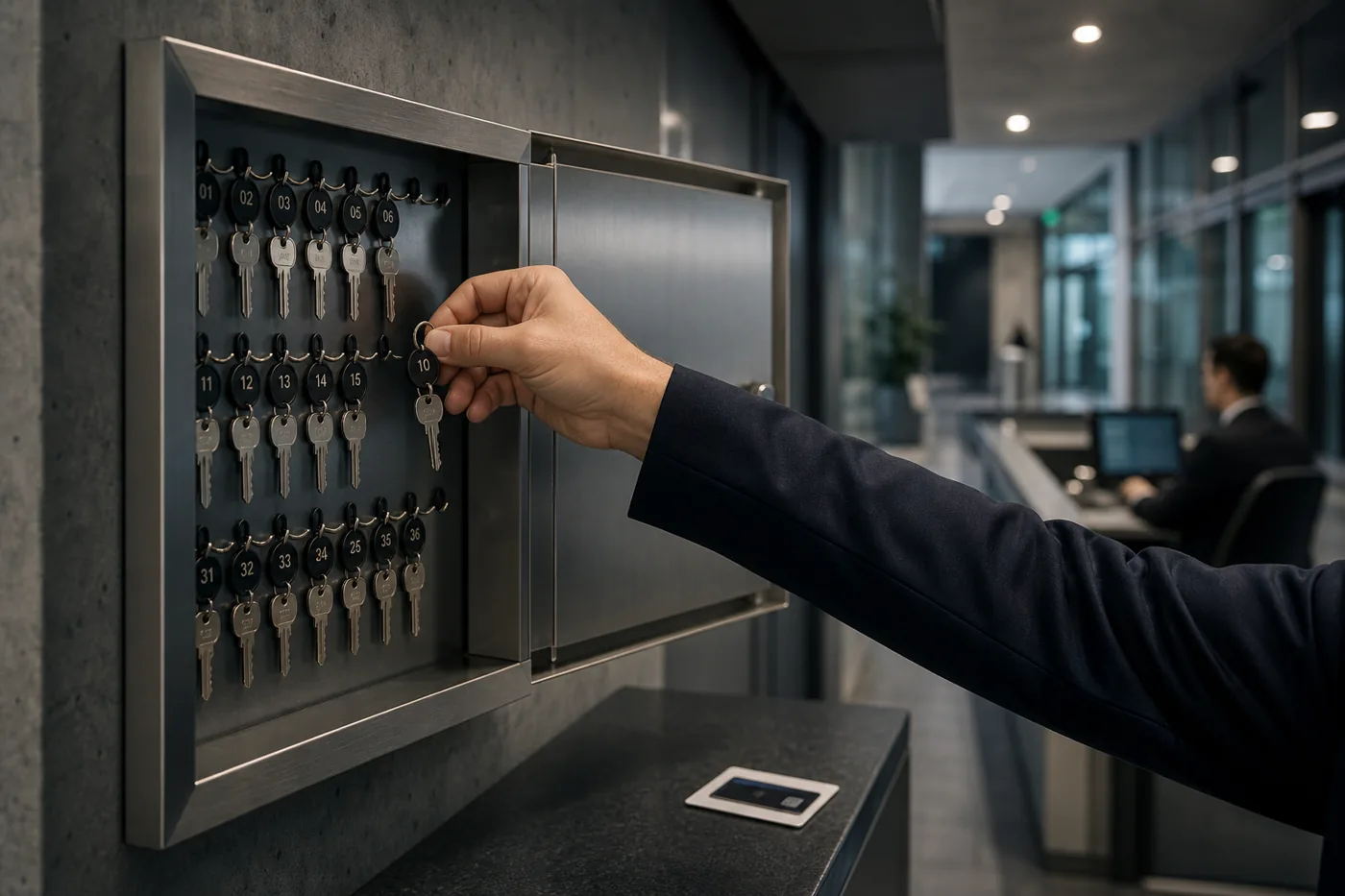 Key cabinet with a single key removed, illustrating least-privilege access control
