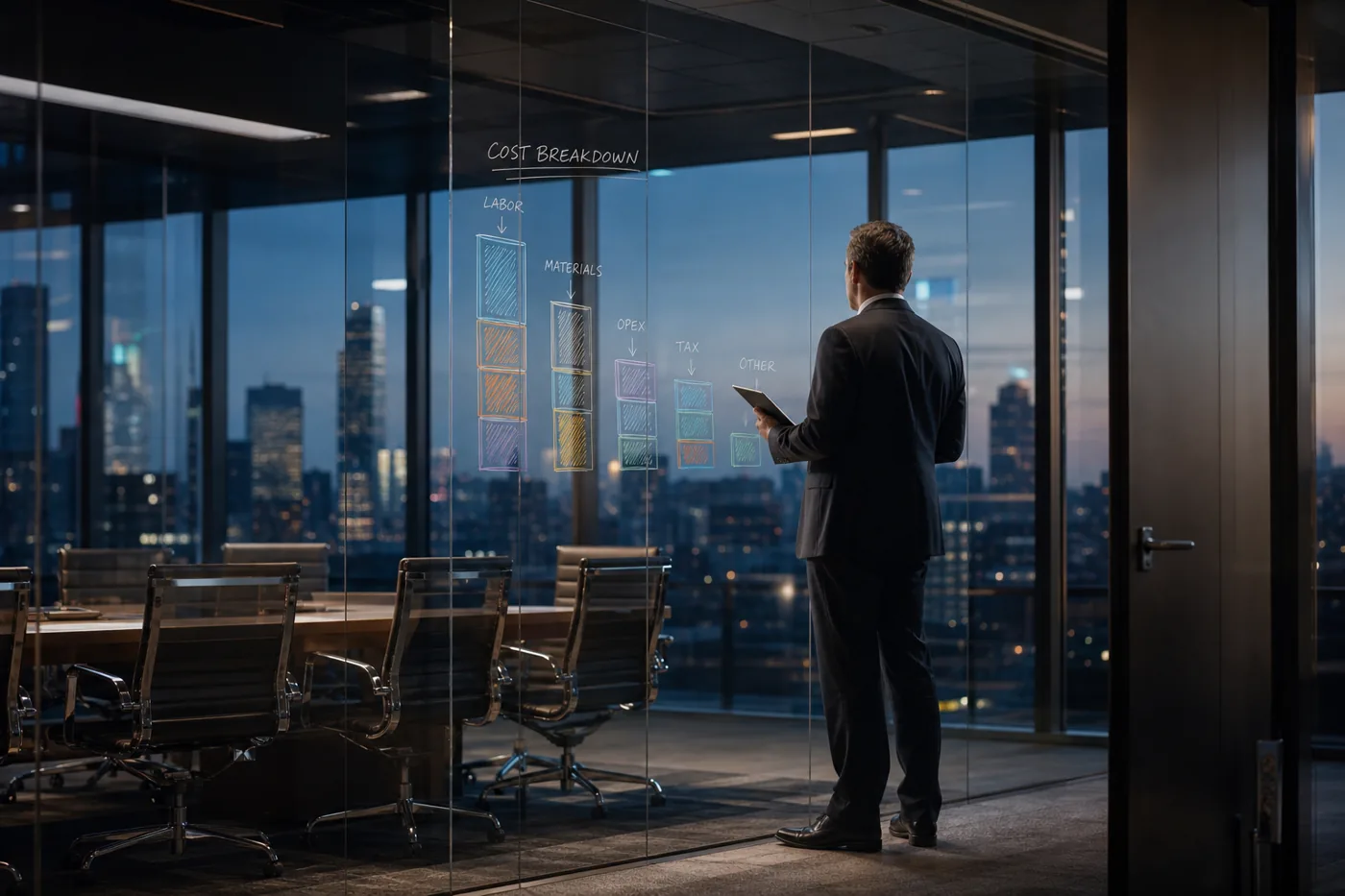 Executive studying a hand-drawn SOC 2 cost breakdown on a glass wall
