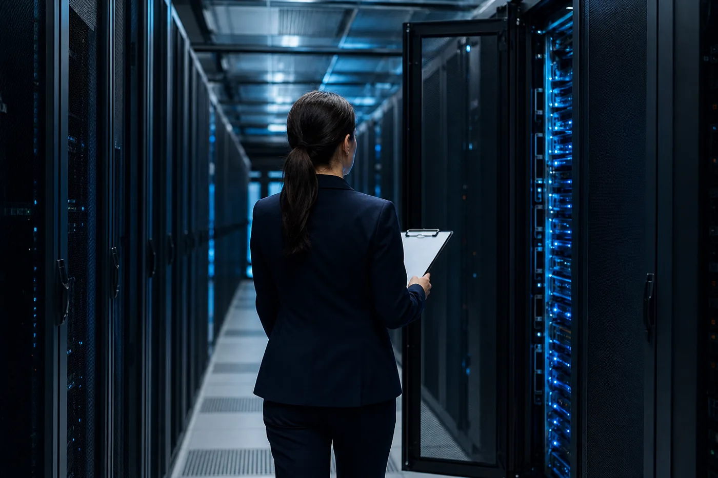 Consultant inspecting a server rack during a SOC 2 readiness gap assessment