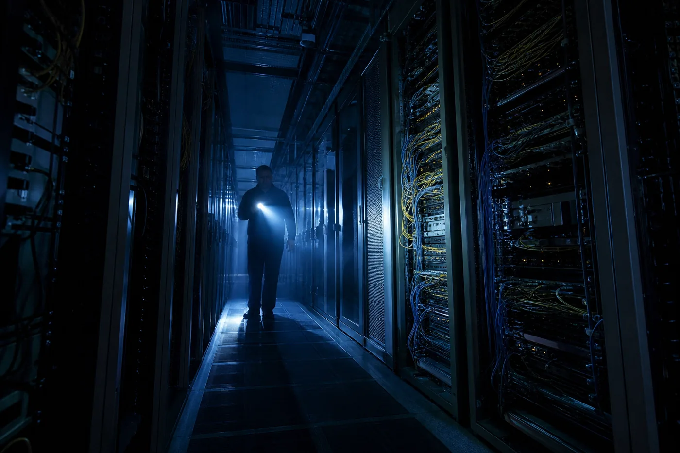 Telecom switching room at night, the infrastructure penetrated by Salt Typhoon