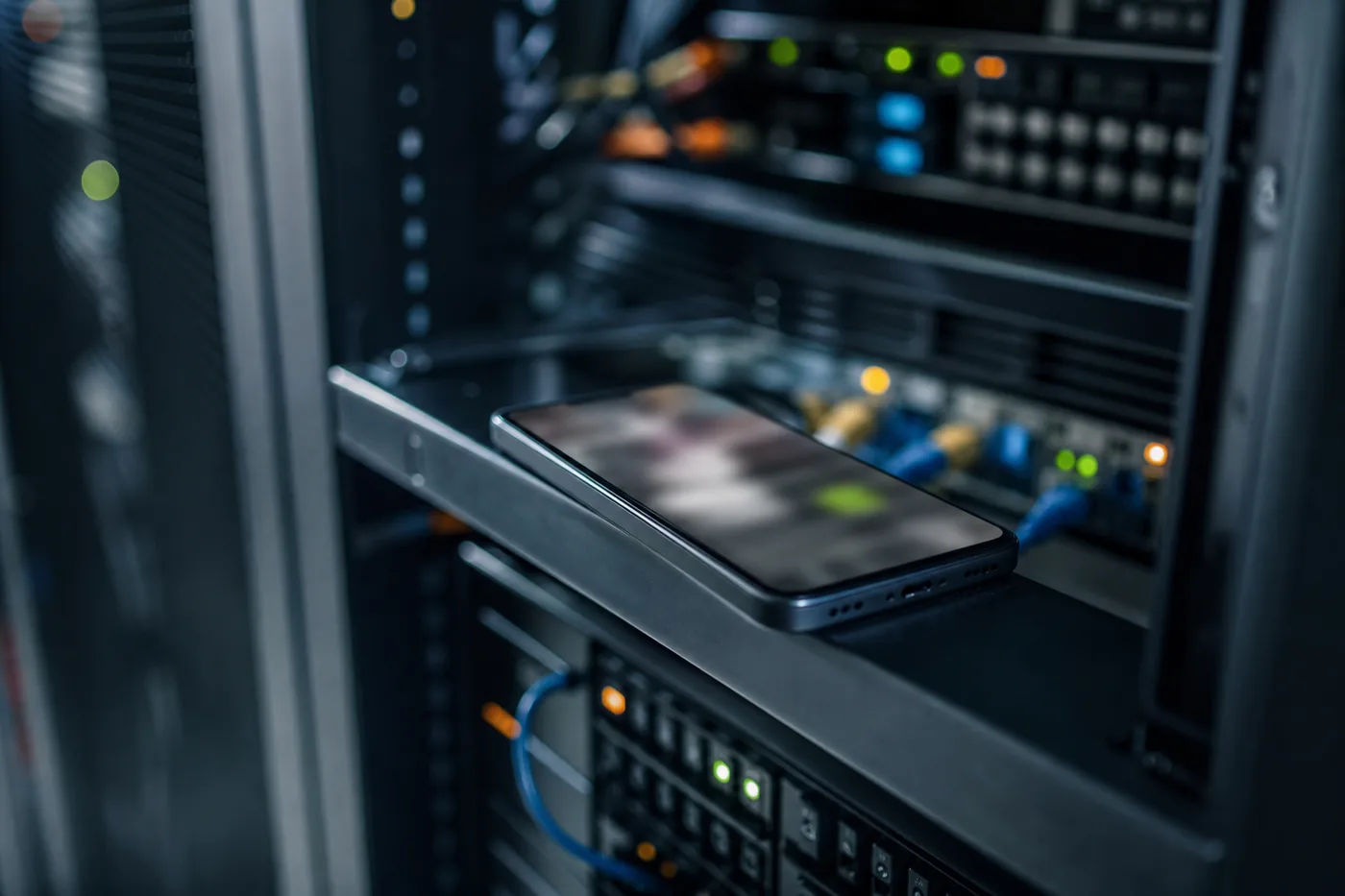 Smartphone on a server rack, chats stored readable on messaging servers