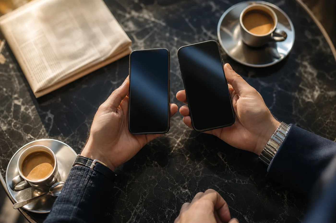 Two people comparing phones in person to verify safety numbers