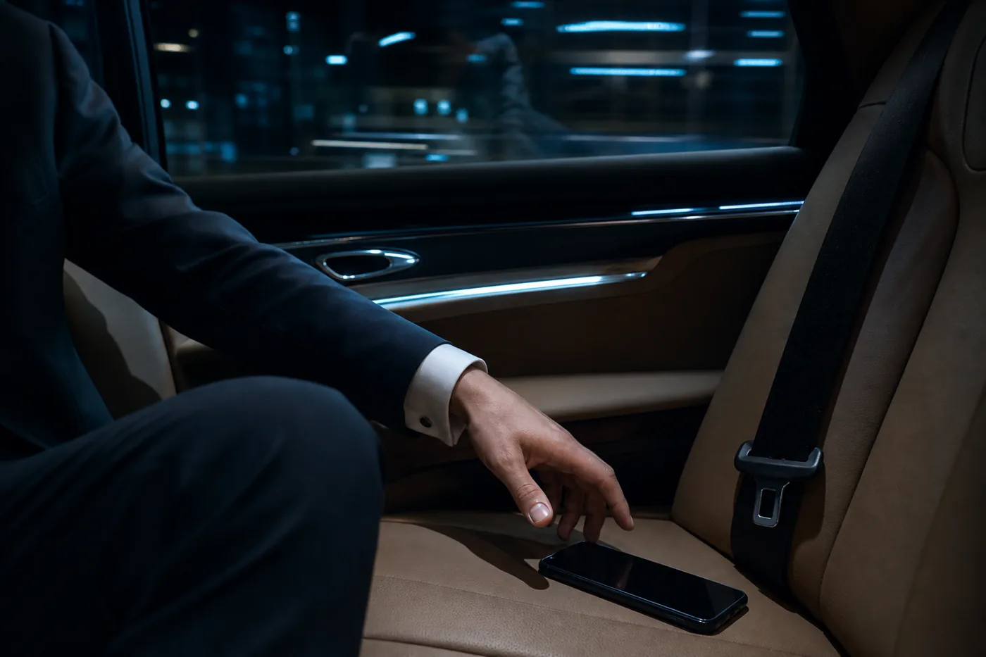 Phone on a luxury car seat, secure messaging for high net worth clients