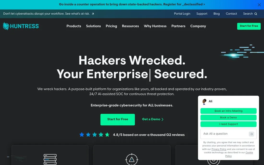 Huntress homepage advertising its managed security platform for small and mid-sized businesses