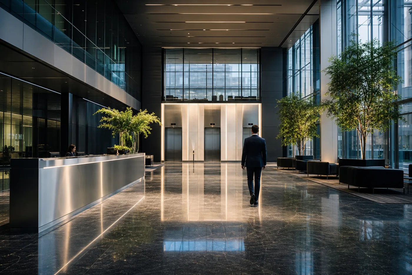 Corporate headquarters lobby representing leading computer security companies