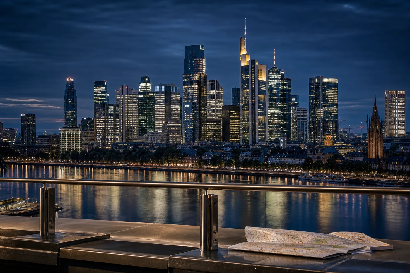 Frankfurt financial district skyline at dusk over the river