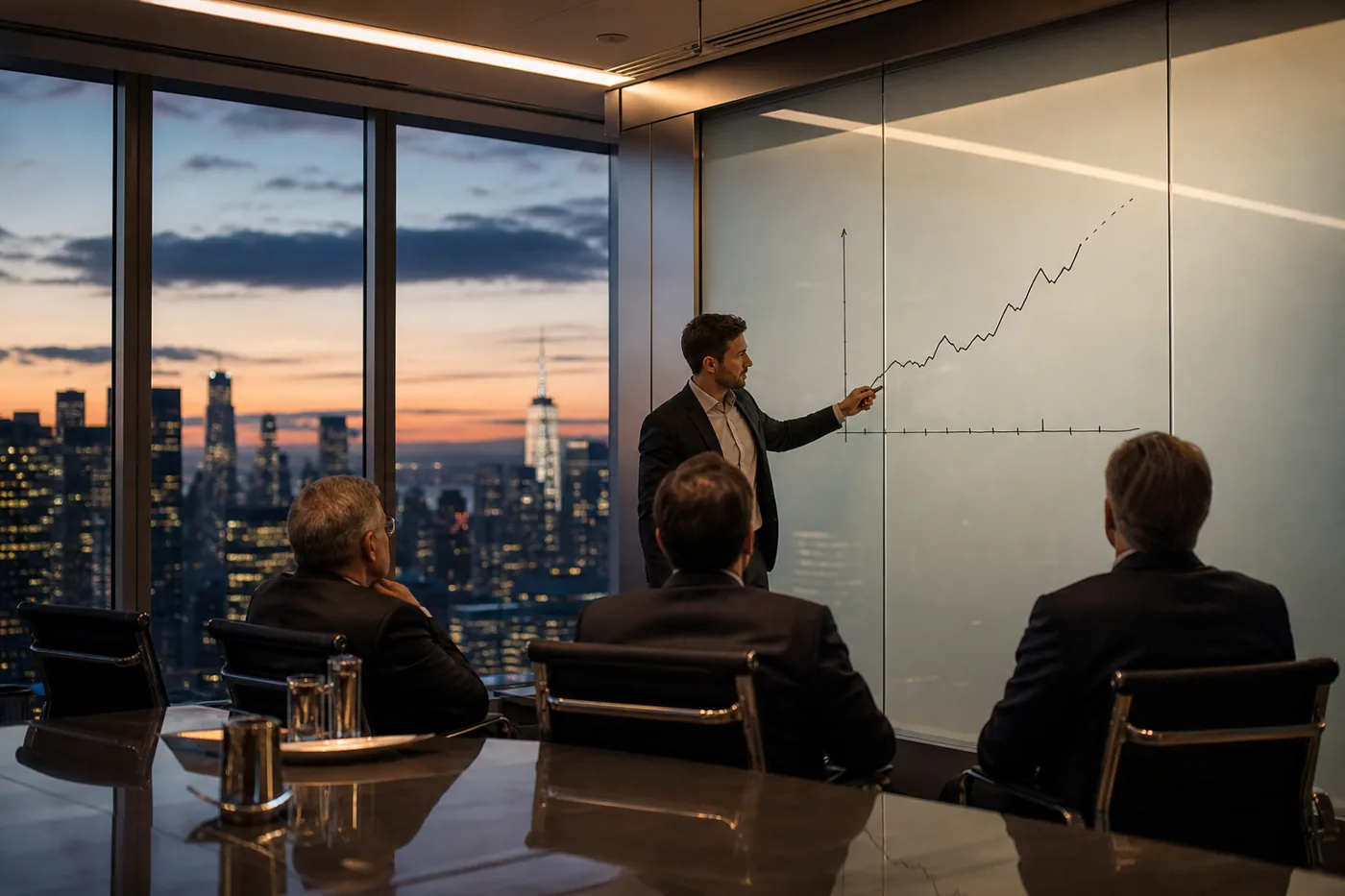 Consultant presenting growth to executives, security as an efficiency and valuation driver