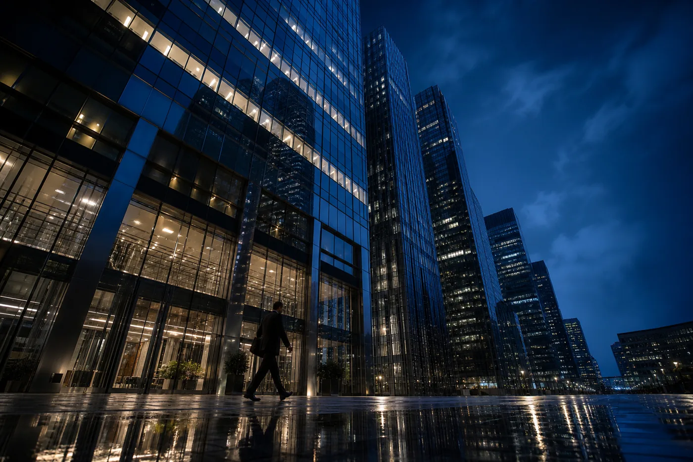 Corporate glass towers at blue hour, home of global consulting firms