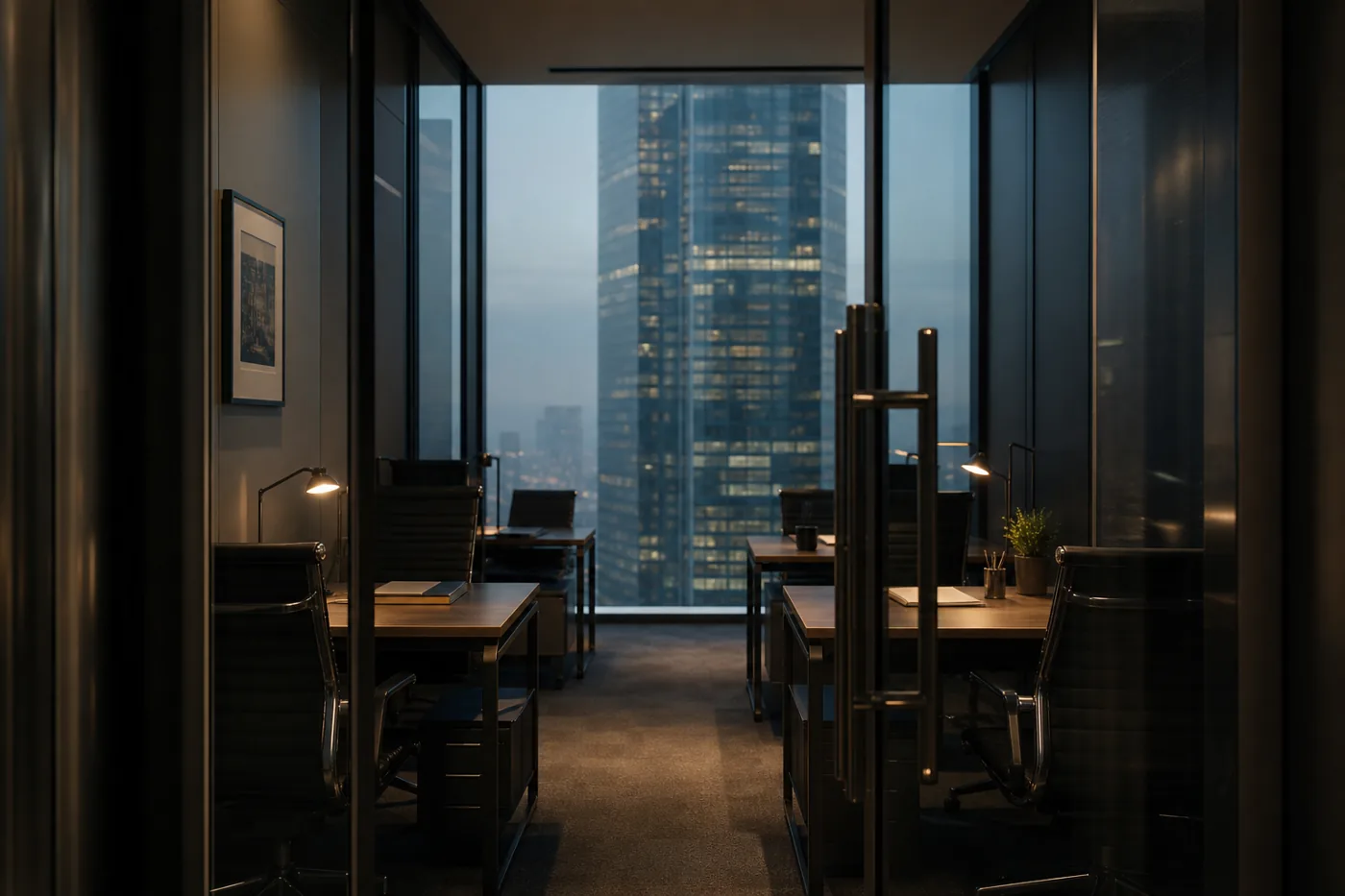Small boutique office with a corporate tower beyond, consultants by business size