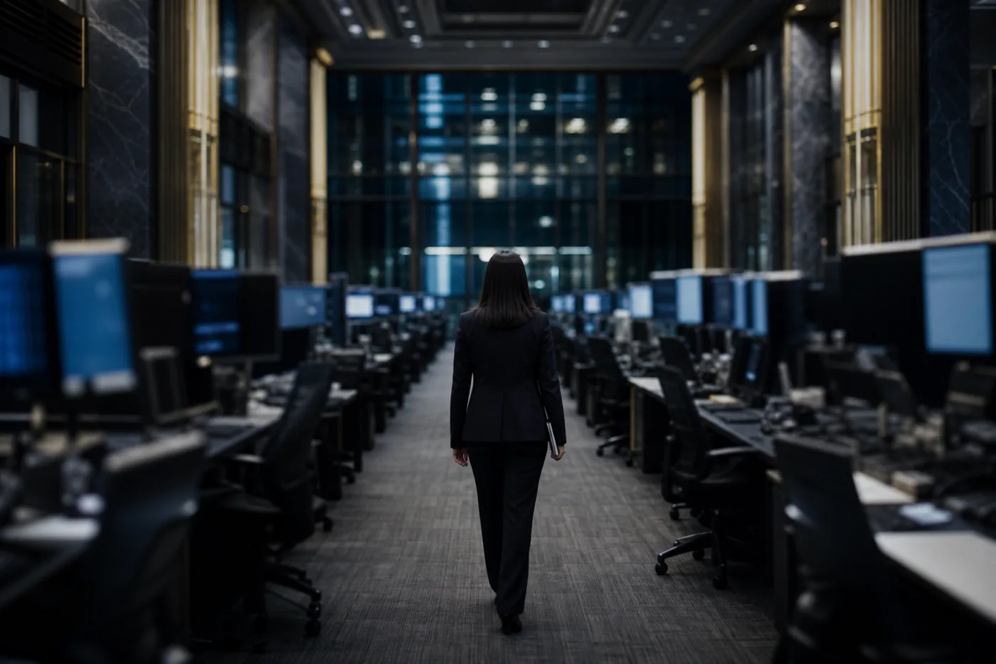 Bank trading floor at evening, finance sector consultancy expertise
