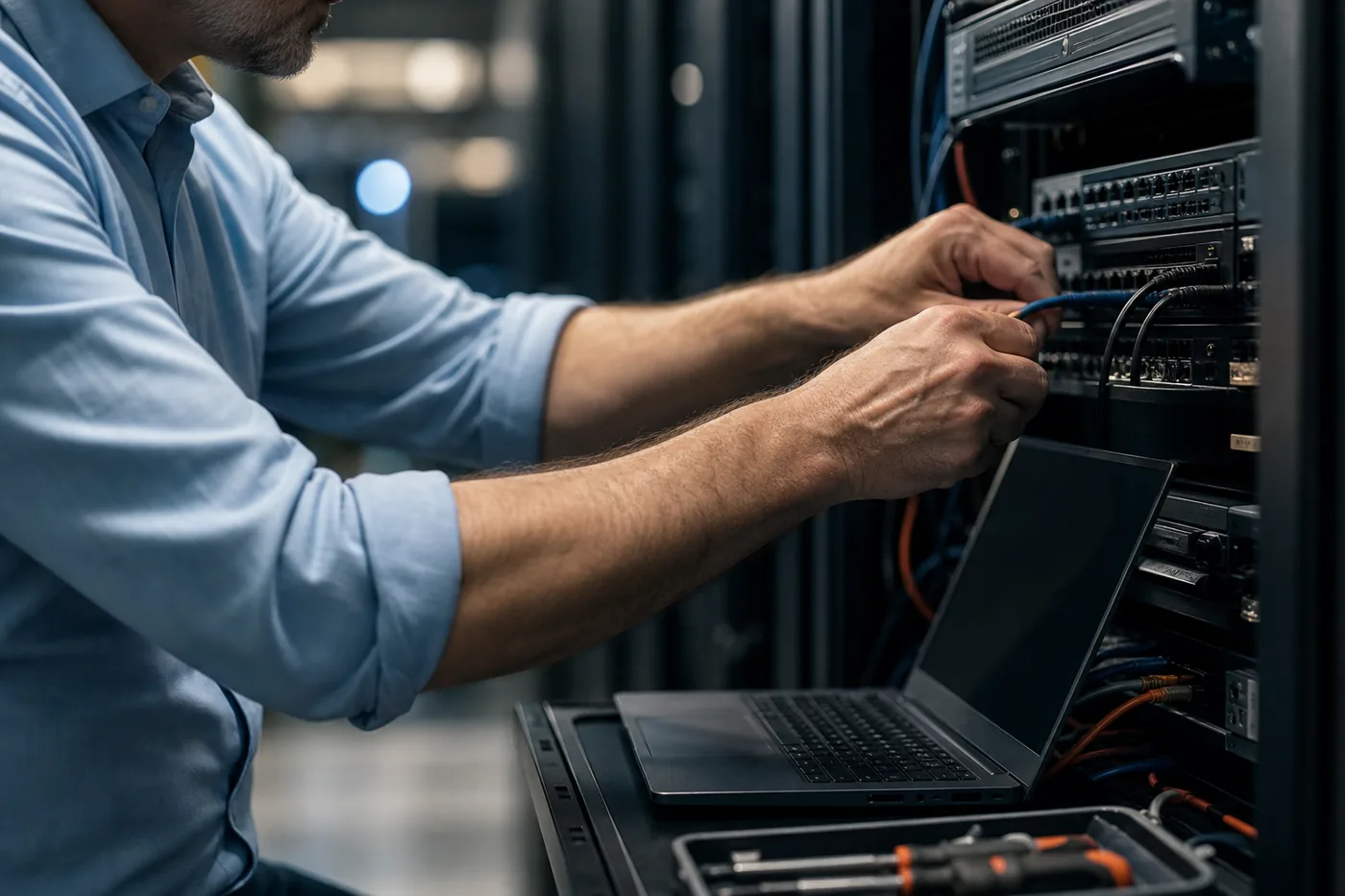 Consultant hands-on fixing a server rack, remediation over paper reports