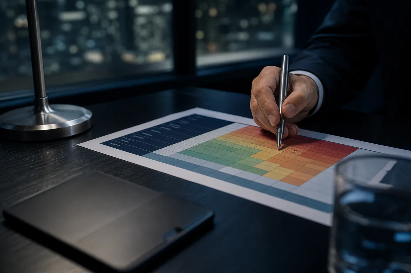 Hand marking a printed risk register, assessing and treating information risks