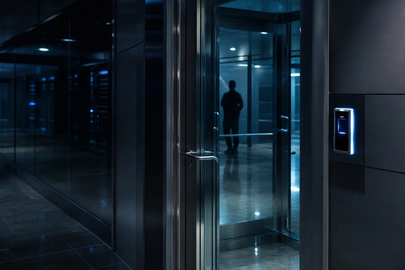 Data center mantrap door with biometric reader, physical security controls in practice