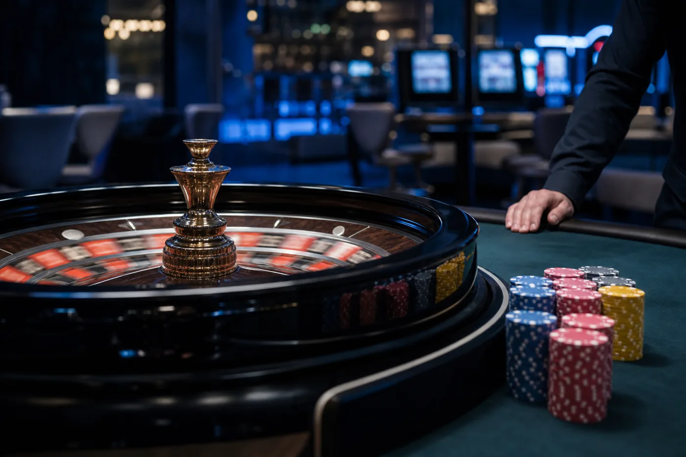 Roulette wheel and chips on a casino table under dark lighting