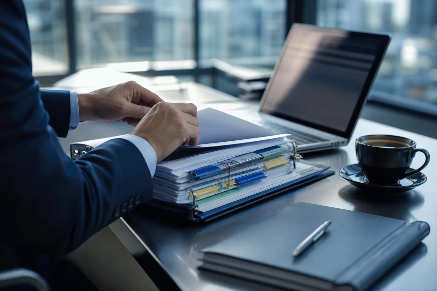 Auditor paging through a tabbed controls binder covering the security criteria