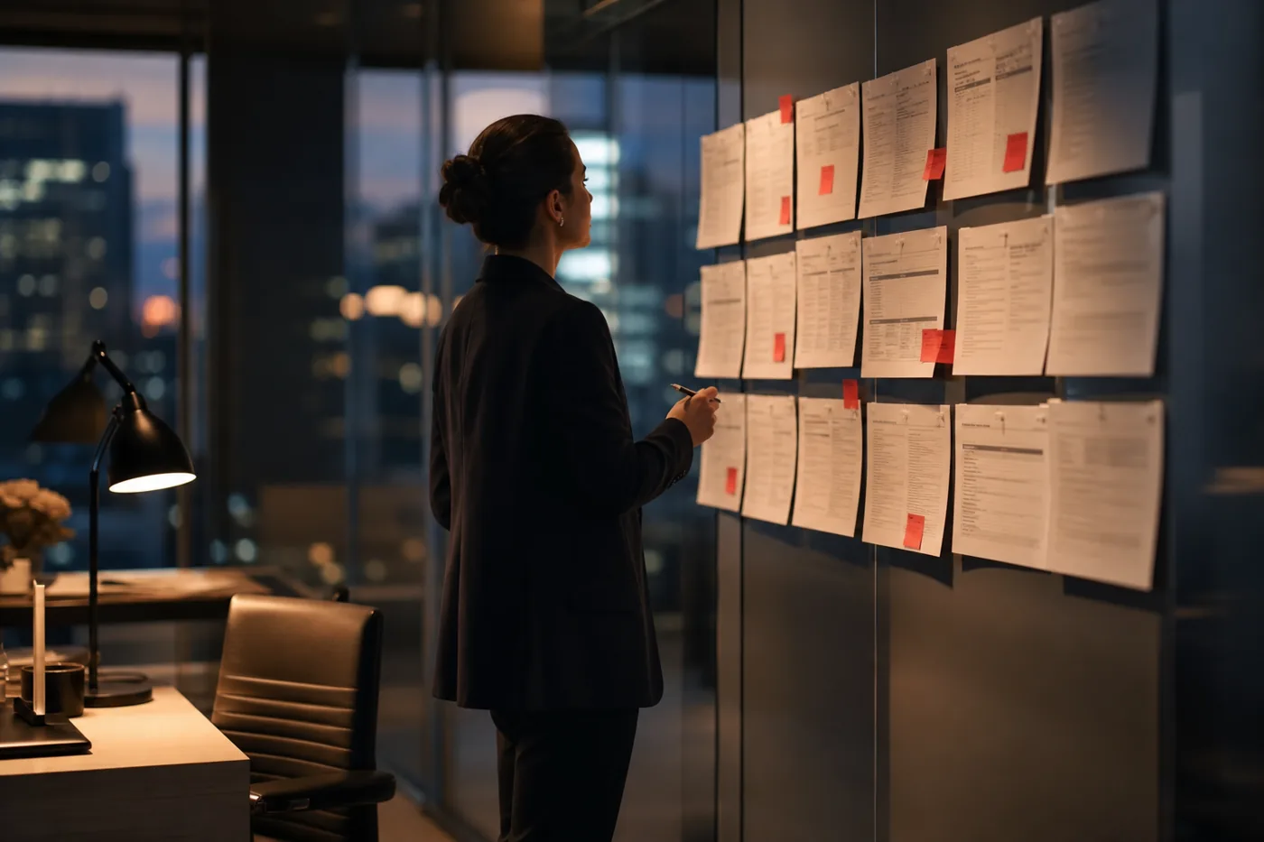 Consultant flagging missing controls on a wall of sheets during gap assessment